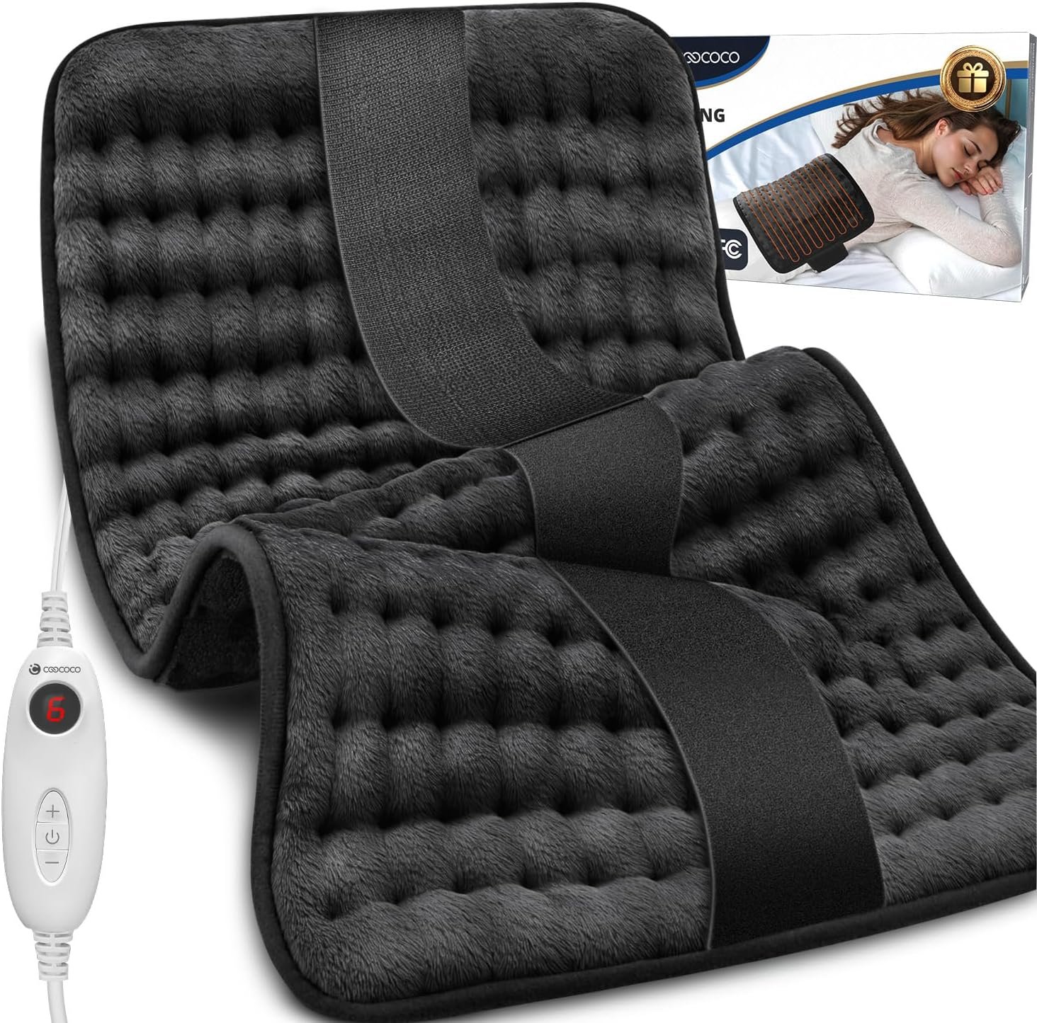 Heating Pad for Back, CooCoCo Heated Pad with Strap for Period Cramps, FSA Eligible Electric Heat Pad for Neck Shoulders, 10 Heat, Auto Off, Moist Heat, 12" x 24"