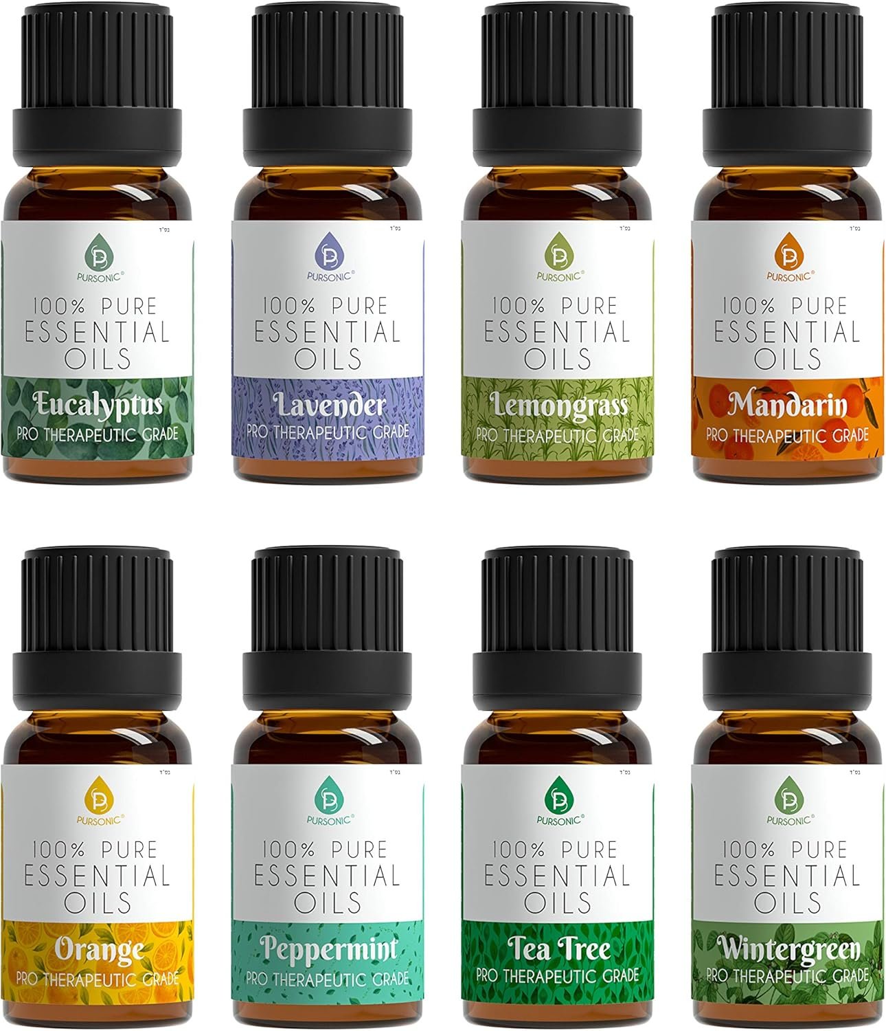 Pursonic Essential Oils Set - 8 Aromatherapy Oils Blends Gift Set - 10ml Pure Essential Oils for Diffusers, Home, Massage & Bath(Eucalyptus,Lavender,Lemongrass,Orange,Peppermint,Tea Tree,Wintergreen)
